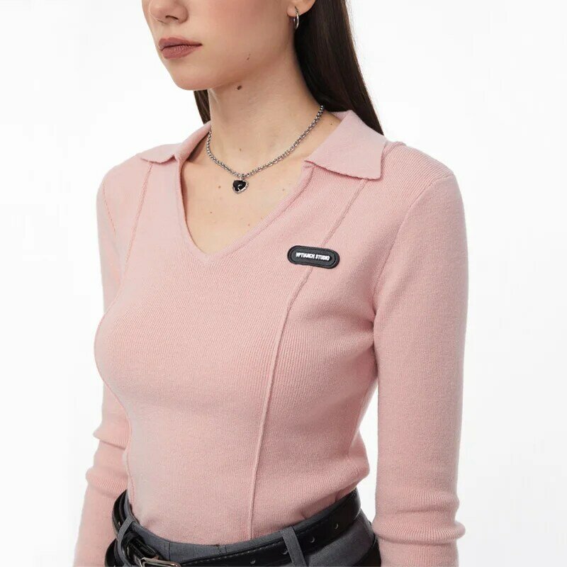 Women Open Collar Long Sleeve Knit Jumper With Stitching Seam