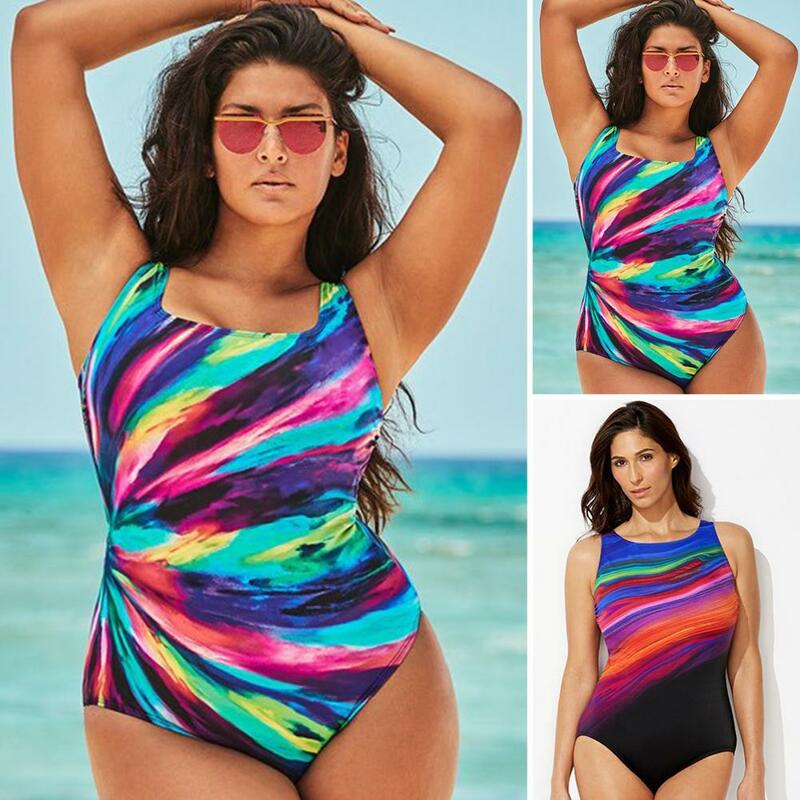 Grande plus size mulheres monokini com almofada no peito sem underwire sexy respirável piscina arco-íris listras praia maiô