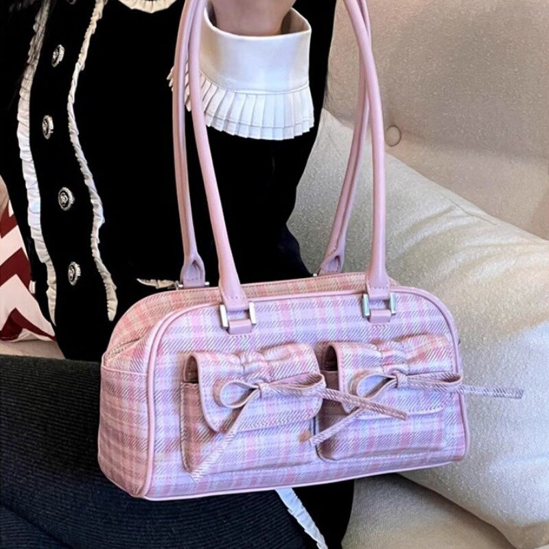 Xiuya Pink Elegant Womens Shoulder Bag Plaid Bow Vintage Leather Cute Leather Handbag Casual Sweet Bow Exquisite New Armpit Bag