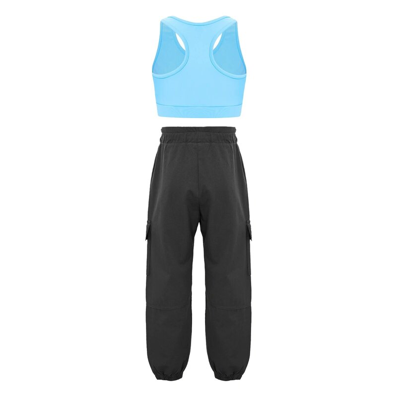 Kids Girls Sports Suits Children Gym Ballet Gymnastics Outfit Sleeveless Racerback Crop Top with Cargo Pants Sportswear Sets