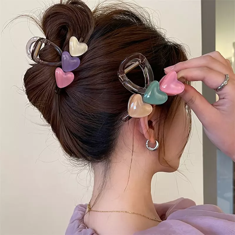 New Korean 2024 Trendy Design Sweet Jelly Color Heart Hairpin Hair Claws Y2k Girls High Ponytail Hair Clip Women Headwear