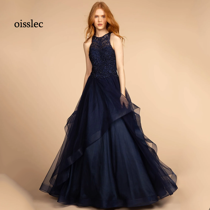 Oisslec-カスタマイズされたレースアップリケイブニングドレス、ビーディングプロムドレス、フリル、セレブのドレス、チュールパーティードレス