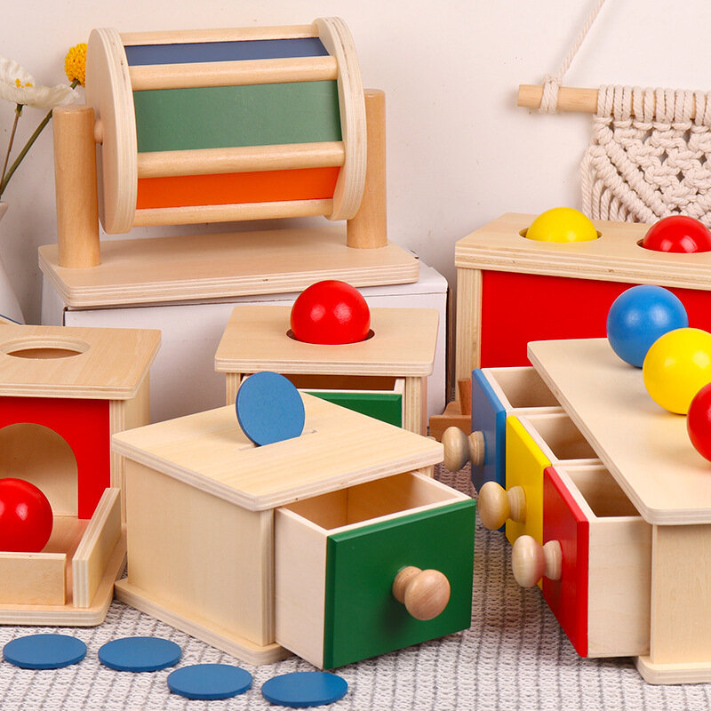 Caja de madera Montessori para niños, caja de monedas de desarrollo intelectual temprano, rompecabezas Montessori, objetos preescolares
