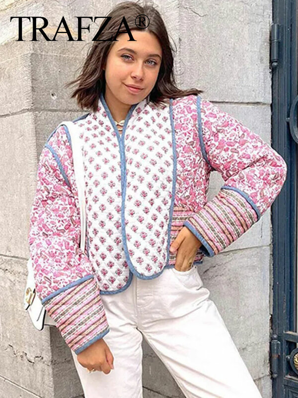 Женская Стеганая куртка с цветочным принтом, двусторонняя хлопковая куртка с длинным рукавом, в уличном стиле