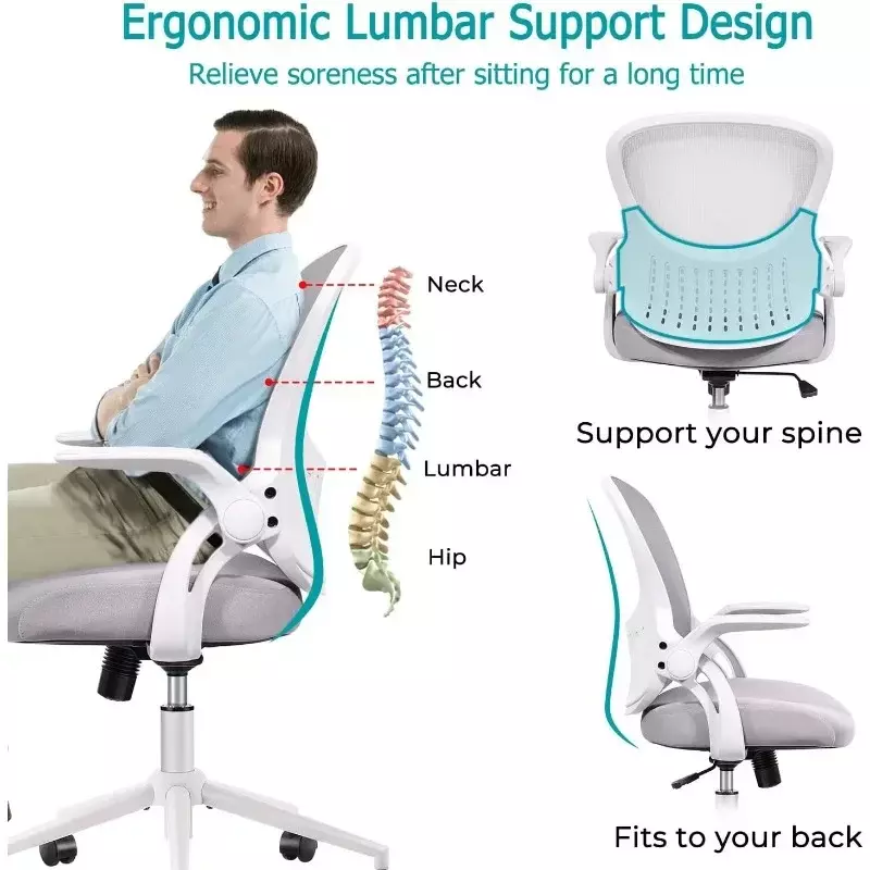 Altura ajustável cadeira de mesa ergonômica, rolamento cadeira giratória tarefa, Flip-up braços e apoio lombar, Home Office