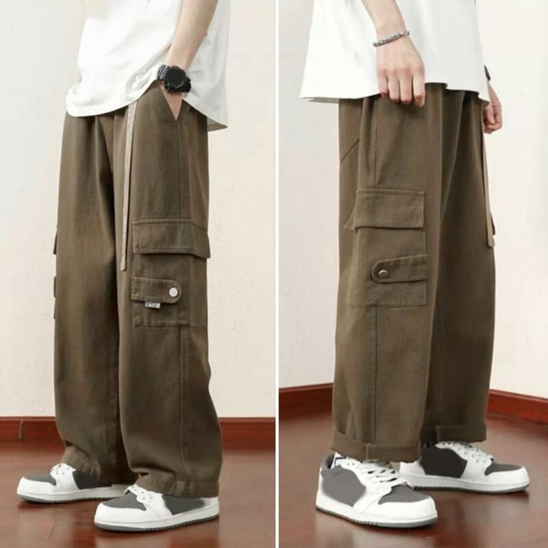 Sweatpants Vintage Loose Men's Cargo Pants with Elastic Waist Multi Pockets Strap Decor Soft Breathable Streetwear for Daily