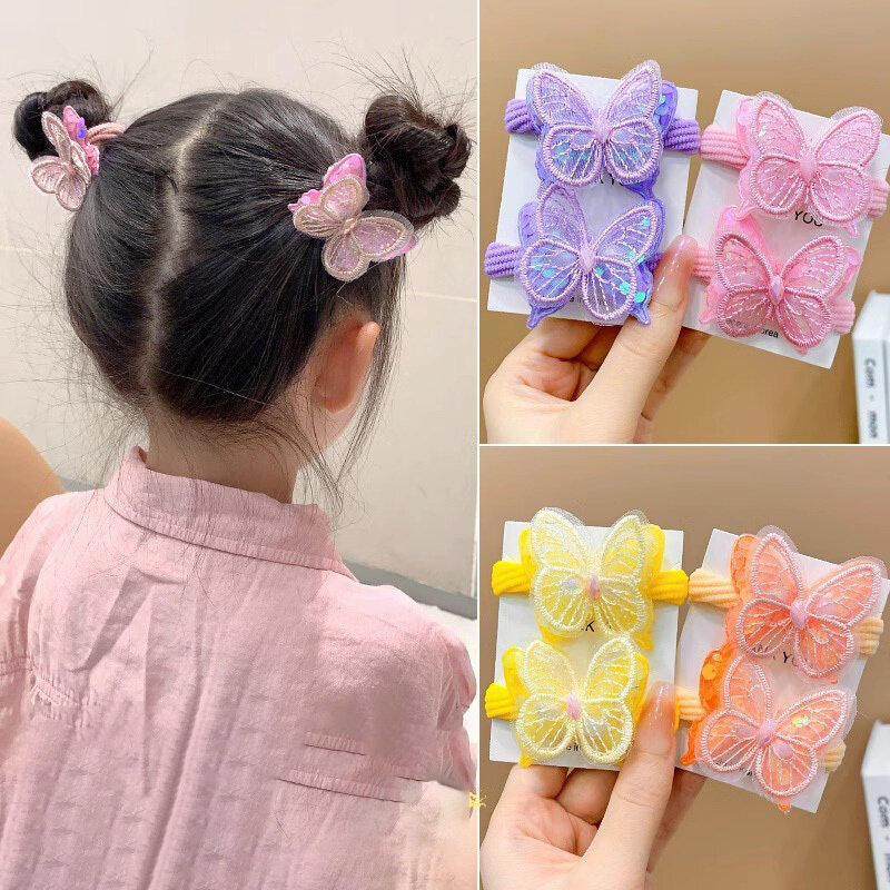 2PCS New Sequin Butterfly Girls Tie Up A Ponytail Kids Elastic Hair Bands Hair Accessories Cute Children Hair Ties Baby Headwear