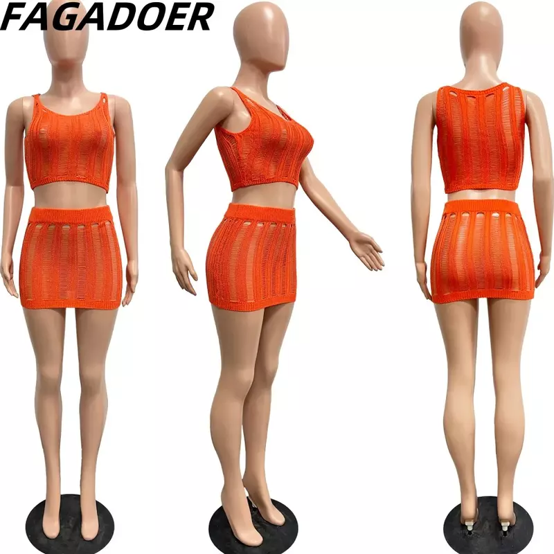 FAGADOER Sexy Knitting Hollow Out Mini Skirts Two Piece Sets Women Sleeveless Tank Top And Skirts Outfits Female 2pcs Clothing