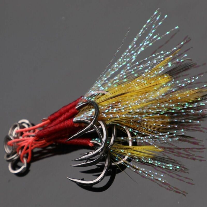 10pcs Colored Feather Iron Plate Single Hook High Tensile Force With Thread Feather Eye-catching with Barbs Ocean Boat