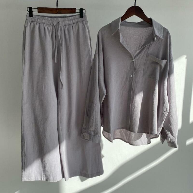 Conjunto de camisa y pantalón para mujer, blusa con cordón, pantalones sencillos y cómodos de pierna ancha