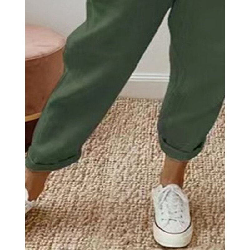 Summer Women Pocket Design Drawstring Cuffed Pants Female Long Cargo Trousers Streetwear Solid Casual Women Clothing
