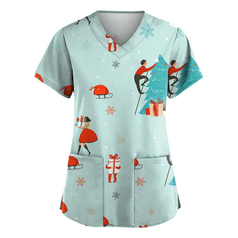 女性のクリスマスプリントの半袖Vネックブラウス,仕事のための服,美容院,診療所