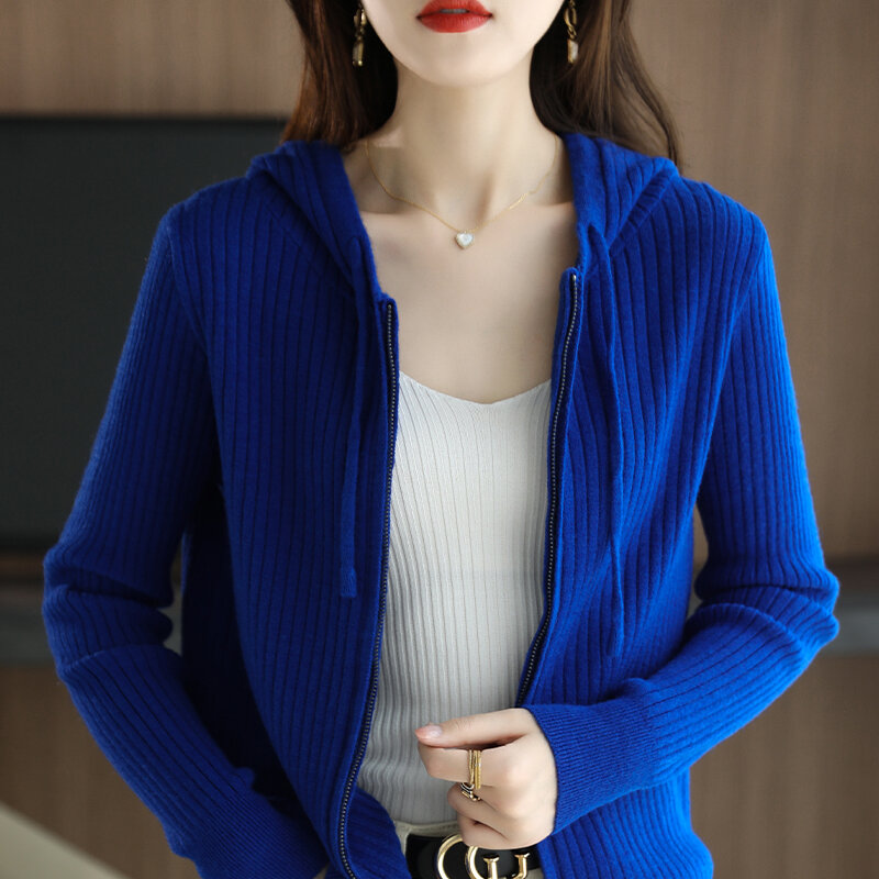 Cardigan tricoté à capuche pour femme, ample et décontracté, couleur unie, automne et hiver