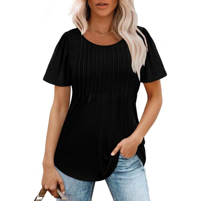 Top damski luźny krój pulowerowe topy stylowa damska letnia kolekcja T-shirtów Casual O-neck plisowana koszulka jednokolorowa luźna