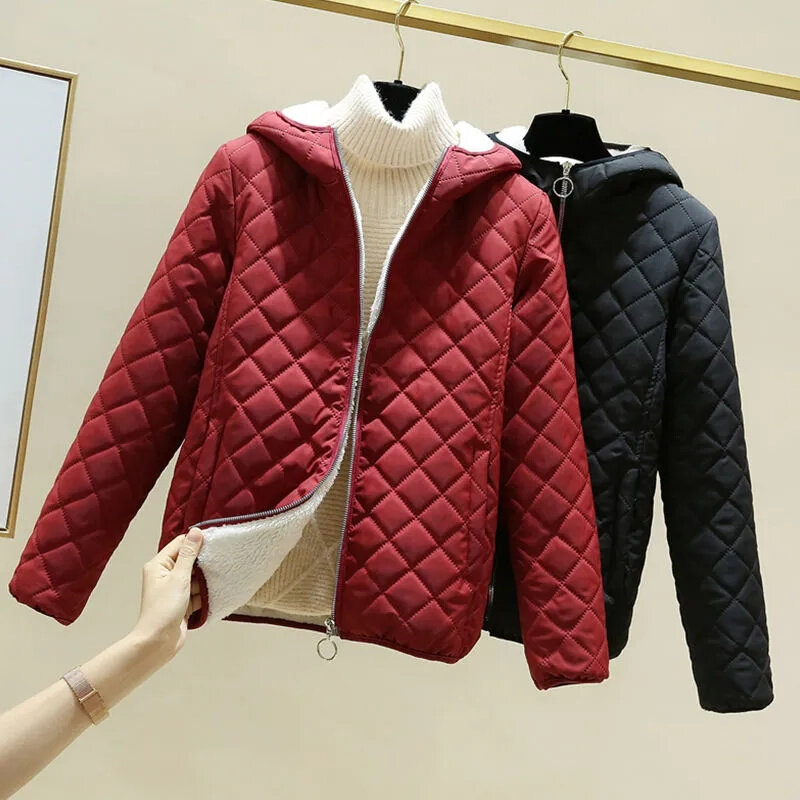2023 Autumn Winter Parkas Women Fleece Lined Thick Hooded Cotton Padded Coats Short Jackets Loose Warm Tops Lady Outerwear