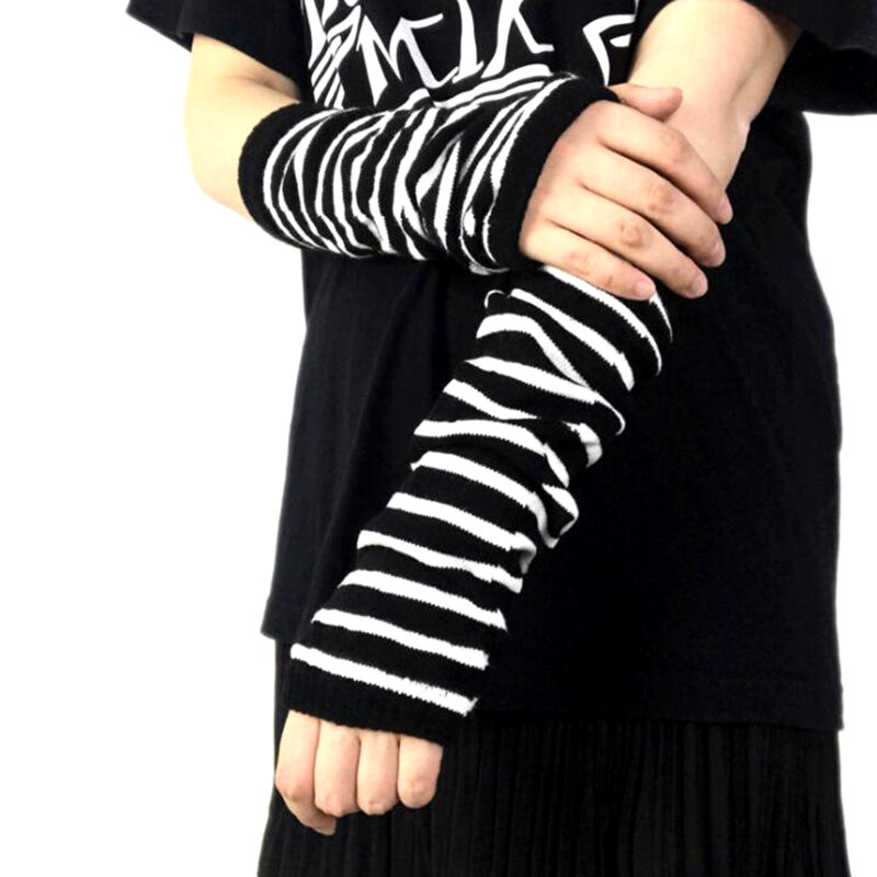 Men Women's Summer Winter Long Knitted Stripe Hip-Hop Emo Gothic Lolita Black Fingerless Gloves Girls Boys Arm Warmers Gloves