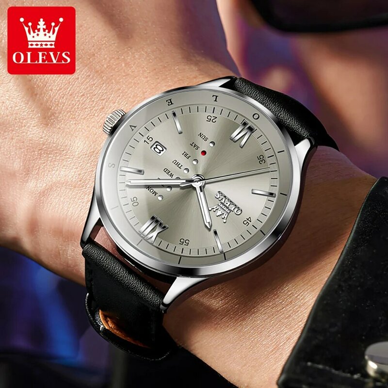 OLEVS-Relógio de quartzo de couro impermeável masculino, calendário, relógios de negócios, nova moda