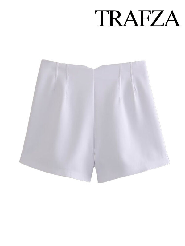 TRAFZA-shorts femininos de botão de cintura alta, branco, zíper decorativo, estilo de rua, calças curtas chiques, moda feminina, verão