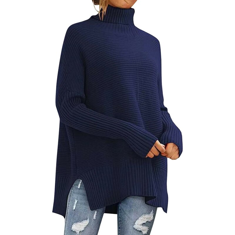 女性用サイドスリットニット丈夫なトルネックセーター、単色ジャンパー、特大プルオーバー、秋冬
