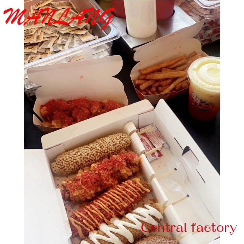 Op Maat Bedrukt Voedsel Papier Maïs Hond Verpakking Koreaanse Hotdog Box Afhaalmaaltijd