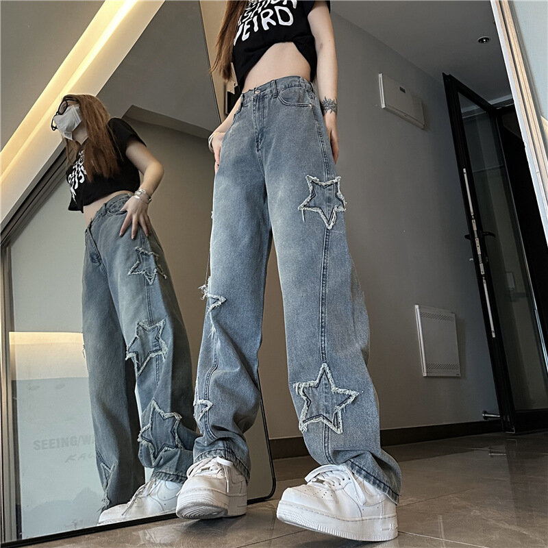 Hip-Hop Blue Jeans weiblich Frühling und Herbst neue koreanische Mode Streetwear gerade weit geschnittene Hosen Baggy Jeans Frauen Kleidung