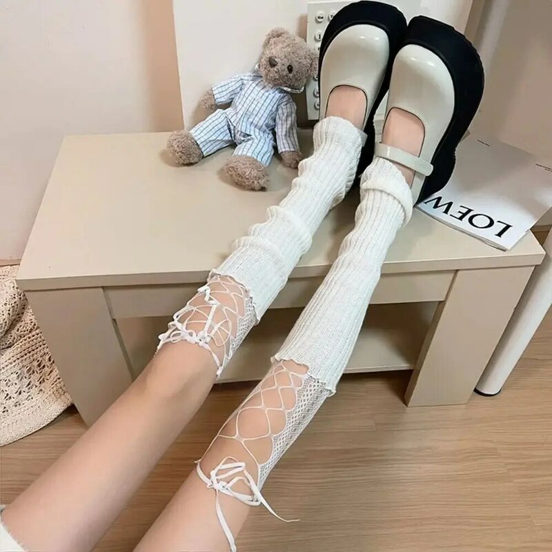 Lolita-calcetines largos hasta la rodilla Y2K, cubierta de pie de punto de encaje, calentadores de pierna Kawaii, Harajuku, negro, blanco, rejilla
