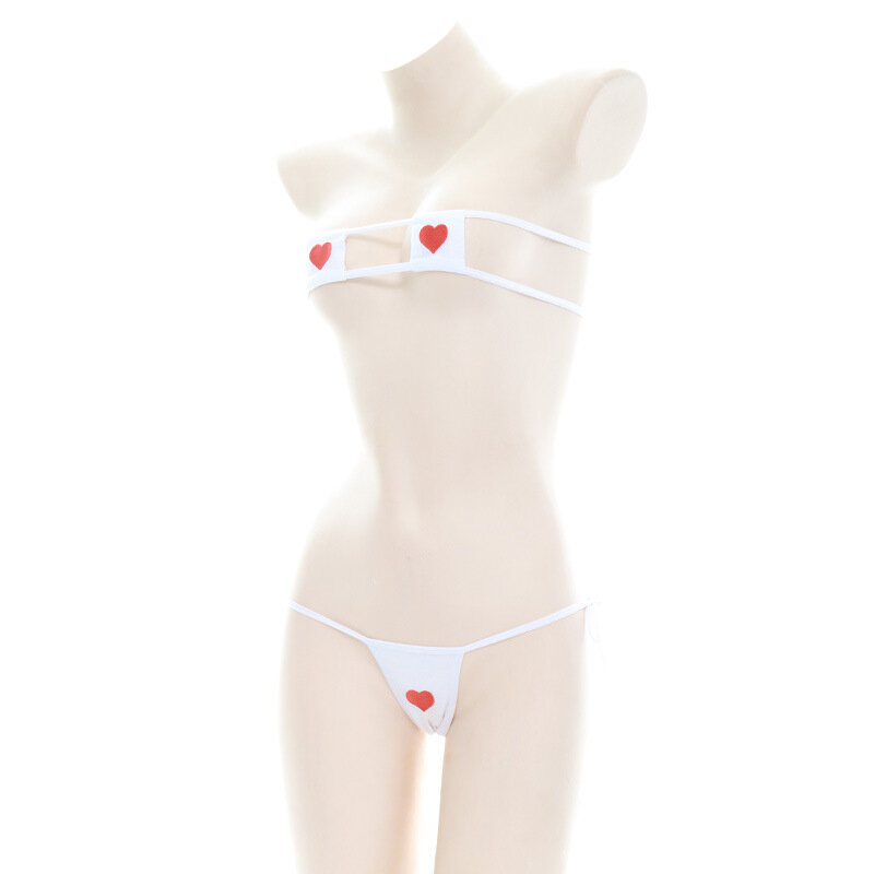 Seksowna bielizna trzypunktowy kobiet bez pleców strój pokojówki słodkie kostiumy Cosplay zestaw koronkowy bandaż szyfonowy Bikini Bikini