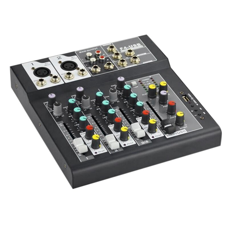Sound Card Audio Mixer Sound Board Console Desk System Interface 4 Channel USB Bluetooth +48V Phantom Power (US Plug)