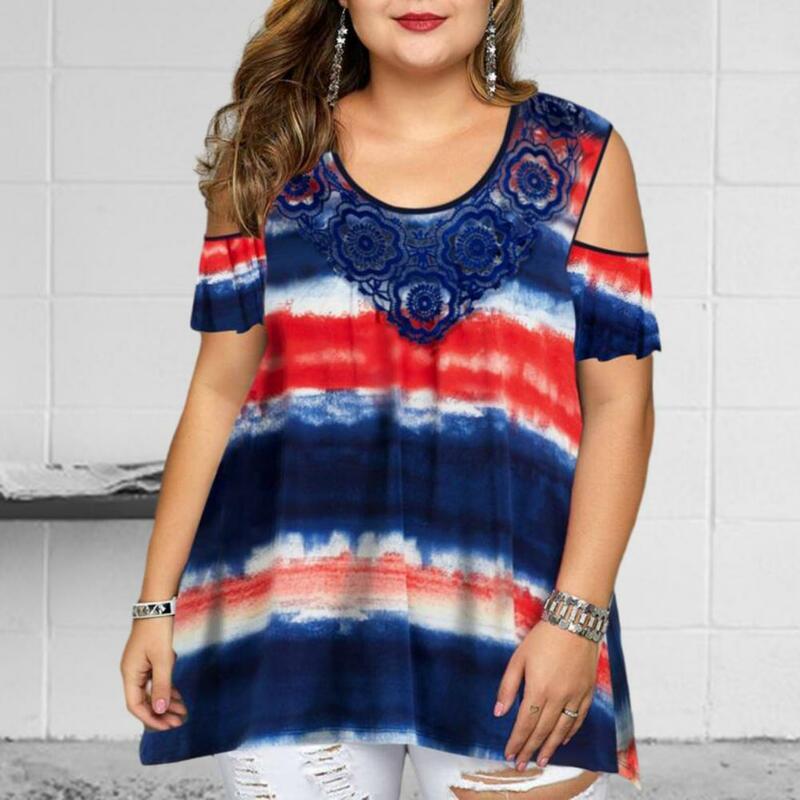 O-Neck Cold Shoulder Loose Women T-shirt Short Sleeve Lace Flower Stitching Striped Tie-dye Print Plus Size T-shirts