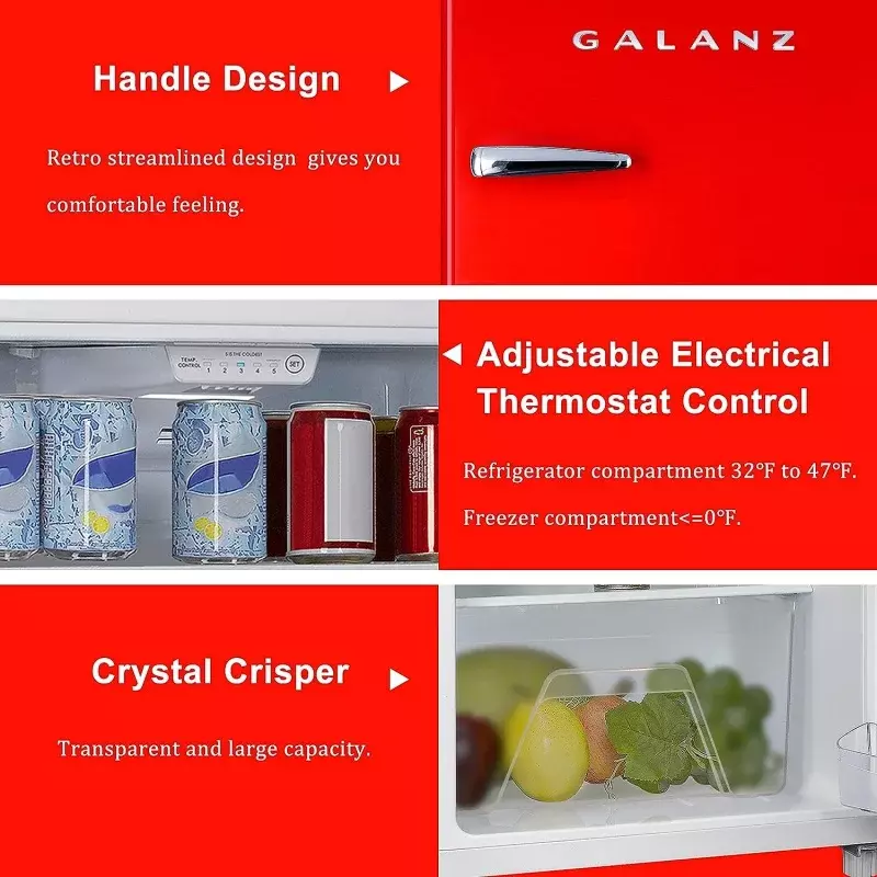 Lodówka Galanz GLR12TRDEFR, lodówka z dwoma drzwiami, regulowana elektryczna kontrola termostatu z górnym schowkiem na zamrażarkę,