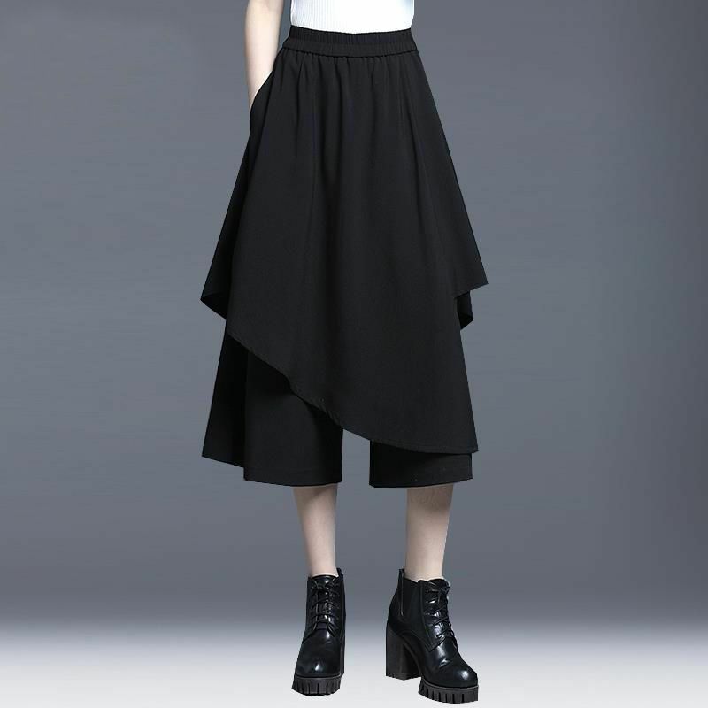 Saia Capris preta com cintura alta elástica feminina, moda vintage solta, calça casual fina e versátil, moda coreana, verão, nova