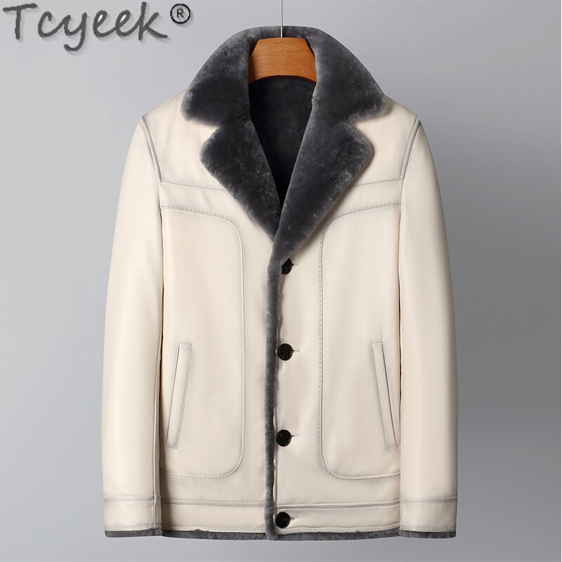 Мужская куртка из натуральной кожи Tcyeek, теплая куртка из натуральной овечьей шерсти с воротником-костюмом, зима 2023