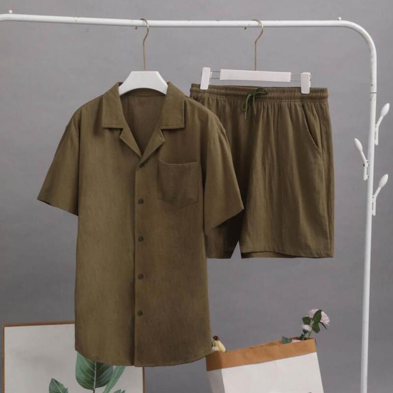 Men Solid Color Outfit Men's Casual Lapel Shirt Drawstring Waist Shorts Set in Solid Color Short Sleeve Single Breasted Outfit