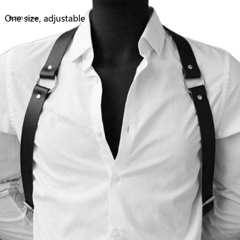 Arnês peito ajustável couro sintético masculino, cinto suspensor com anéis metal, gótico, punk, preto, armadura