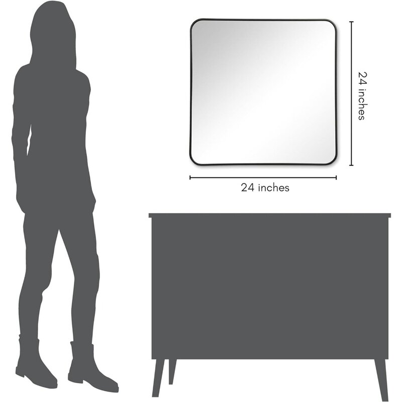 Espejo cuadrado de 24 "con marco negro y esquinas redondeadas, espejo de pared moderno para baño, dormitorio y sala de estar