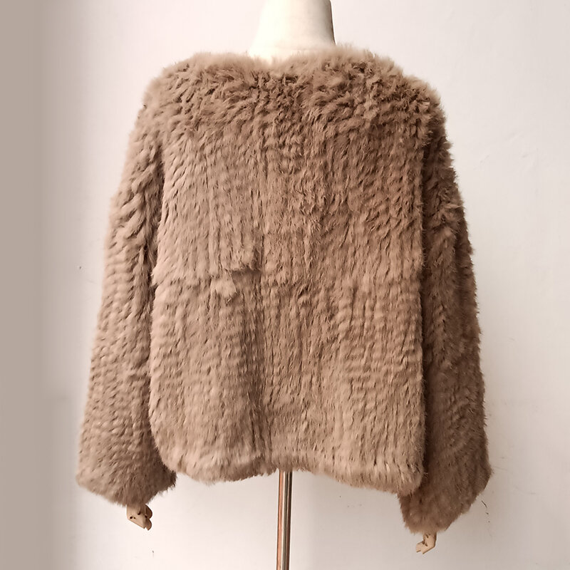 Mantel Bulu Kelinci Asli Wanita Mode Longgar Jaket Bulu Asli Tebal Hangat Mantel Luaran Bulu Alami Musim Dingin Wanita