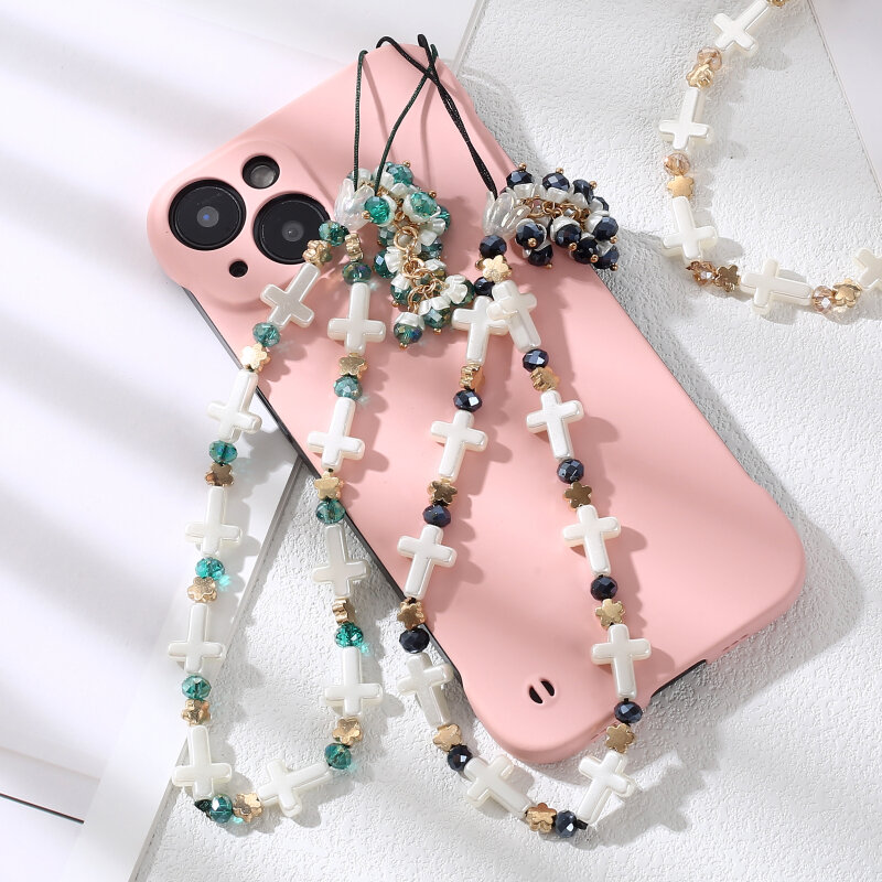 Sweet Creative Acrylic Cross Shape Beaded Mobile Phone Chain Women Anti-Drop Telephone Chain For Phone Hanging Cord Jewelry