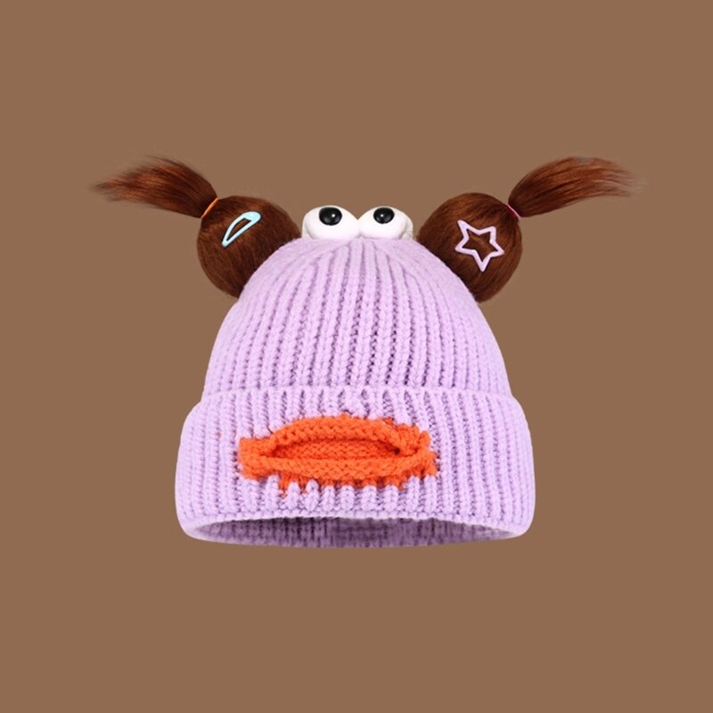 Adorkable Winter Beanie Headgear for Outdoors Skiing Hat Cartoon Pigtail