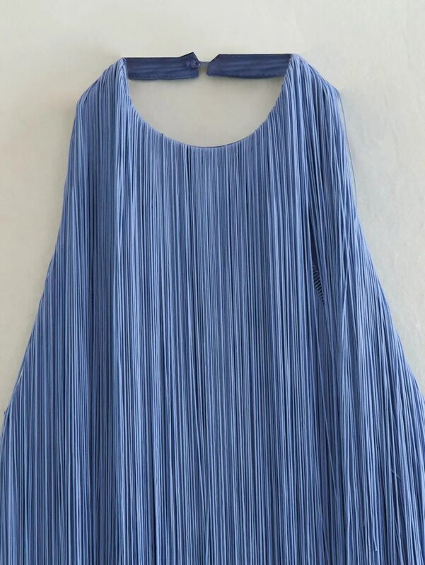 Suninbox Women Fashion Blue Dress with Tassel Embellishments Sleeveless Backless Daily Mini Dresses Female Dresses