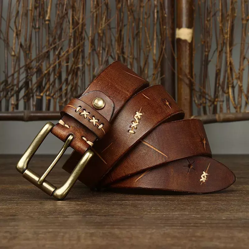 Cinturón de cuero genuino de alta calidad para hombre, cinturones de hebilla de latón de diseñador de lujo, Correa Vintage de piel de vaca pura, Jeans masculinos, 3,8 CM