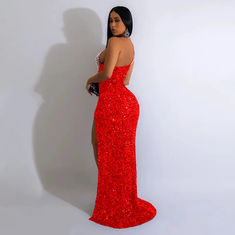 2023 Summer Fashion Women Solid Color Hot Diamond Sequins Sleeveless Sexy Nightclub Banquet Dress