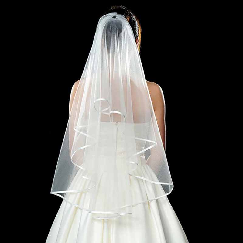 Kerudung pernikahan putih dua lapis Tule pendek sederhana penutup kepala pengantin untuk pengantin wanita Aksesori pernikahan