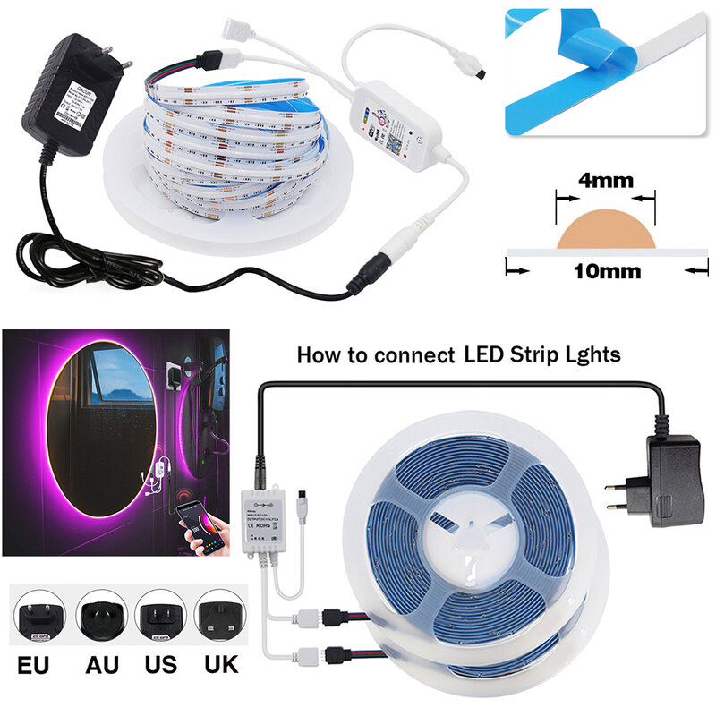 Bande LED COB RVB avec contrôle Alexa, rétroéclairage Bluetooth, décoration de pièce, diode, ruban flexible, Tuya, Wi-Fi, DC 12V