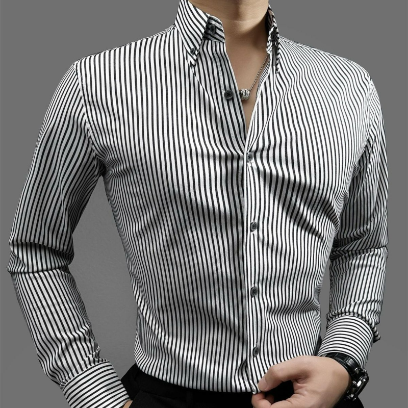 Camisa de manga larga Simple para hombre, Top de rayas delgadas, cuello de solapa sólido, botón, elegante, informal, ligero, de lujo, versátil, nueva moda de primavera