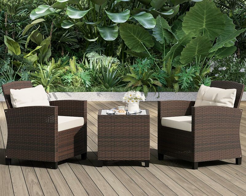 Patio Furniture Set 3 Pieces PE Rattan Wicker Chairs with Table Outdoor Furniture for Backyard with Gary Cushion