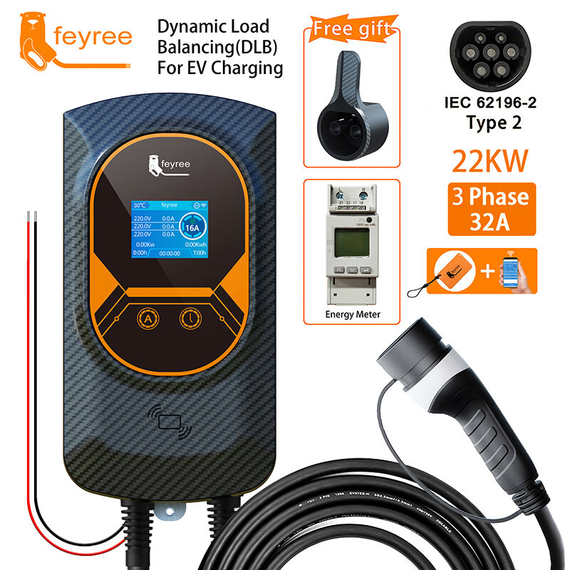 Feiyree EV充電器タイプ2ケーブル32a7.6kw動的負荷分散ウォレットボックスアプリ機能11kw 22kw充電ステーション電気自動車