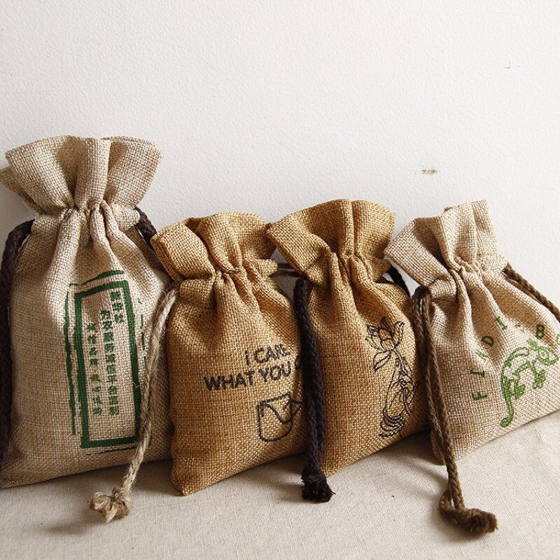Prodotto personalizzato, piccole borse di canapa di iuta personalizzate per regali con logo personalizzato