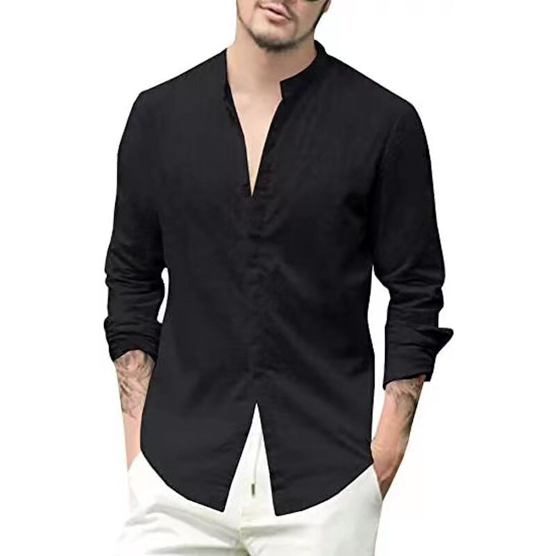 2024 New Shirts European and American Men's Loose Linen Cardigan Solid Color Leisure Collar Long Sleeve Comfort Polo Shirt