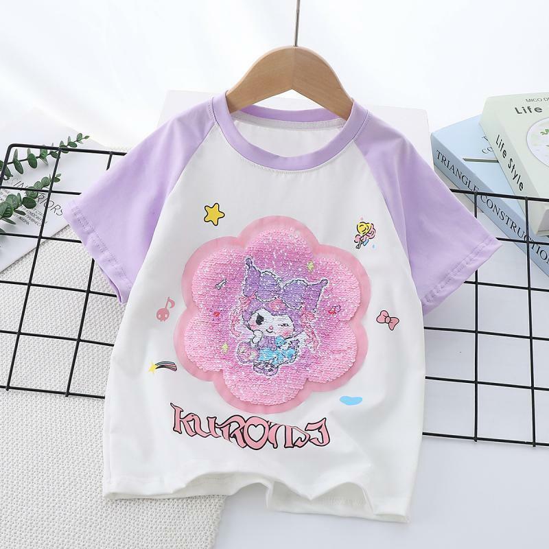Sanrios Kuromi Children's Short Sleeve My Melody Girls Summer Thin Cotton T-Shirt Breathable Tops Korean Style Sweet Half Sleeve