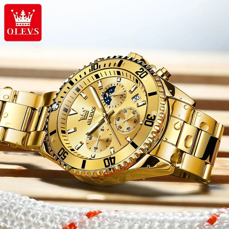 OLEVS-Relógio de aço inoxidável impermeável masculino, relógio de pulso masculino, pulseira dourada, quartzo, impermeável, lua fase, calendário, marca original